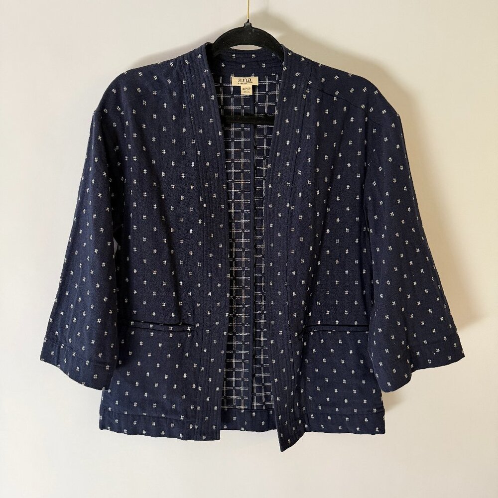 A.N.A Kimono Style Jacket 100% Cotton 3/4 Sleeve Ikat Indigo Blue